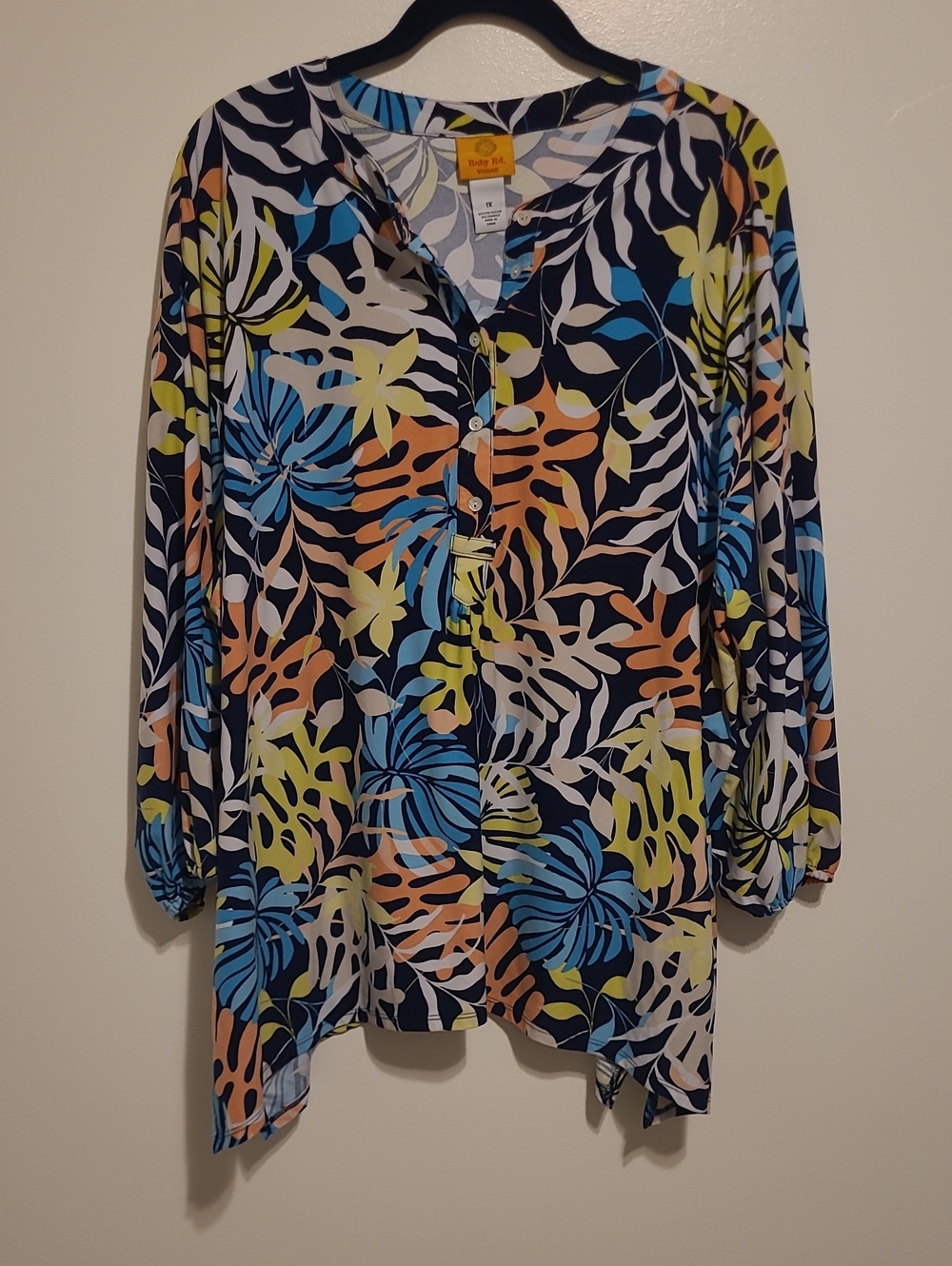 Ruby Rd. Navy Tropical Leaf Print Tunic